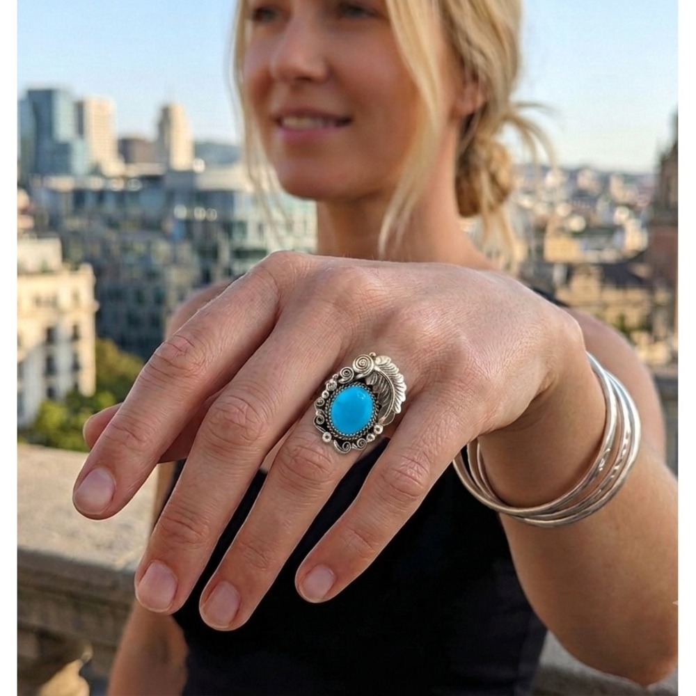 Navajo Kingman Turquoise Ring Sz 8.75US by Julia Etsitty, 925 Sterling Silver**‎